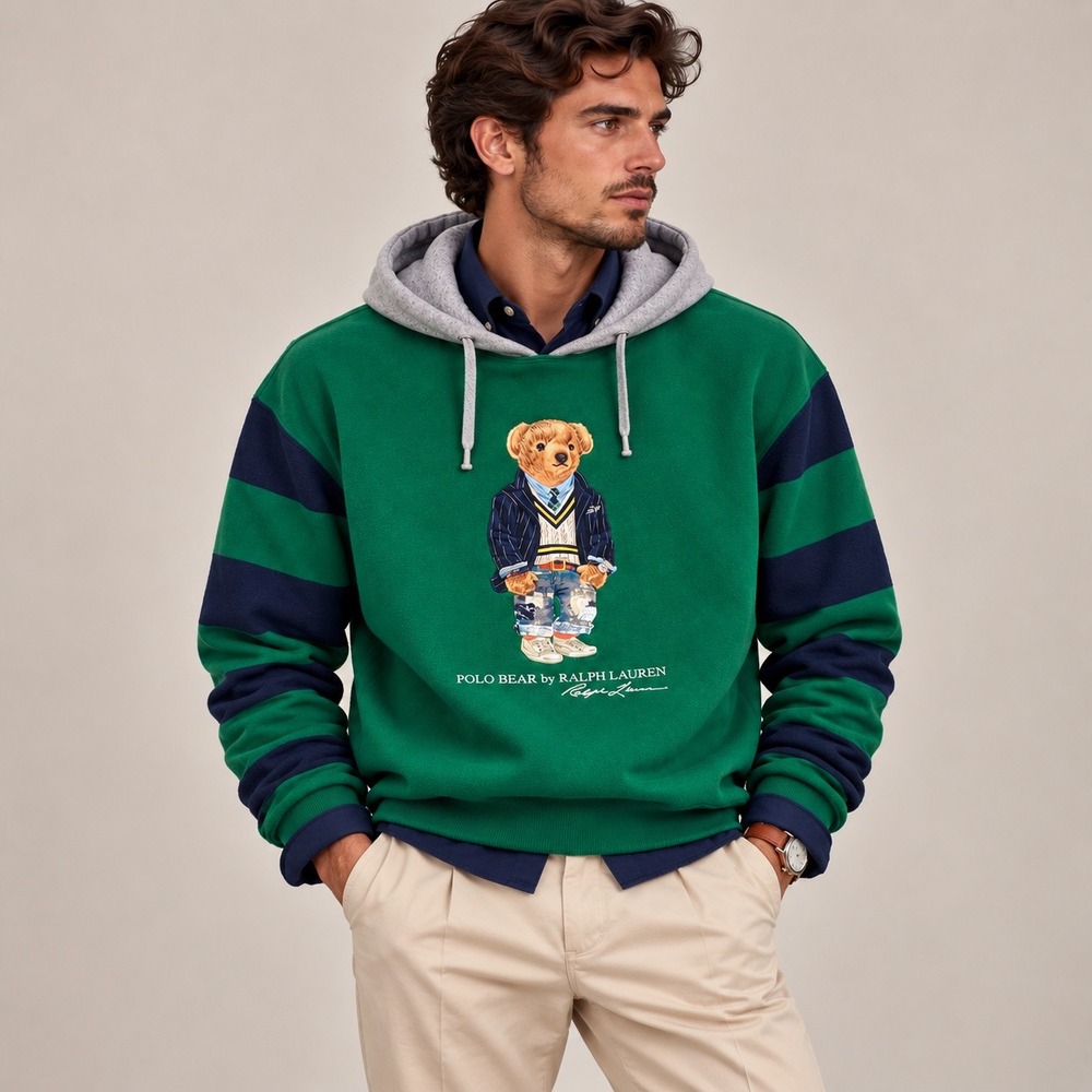 Polo Ralph Lauren Polo Bear Green Colorblock Striped Fleece Hoodie Mens L